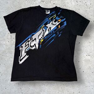 Vintage Y2K Fox Racing T-Shirt Black Blue Yellow Skull Graphic Mens Size Large